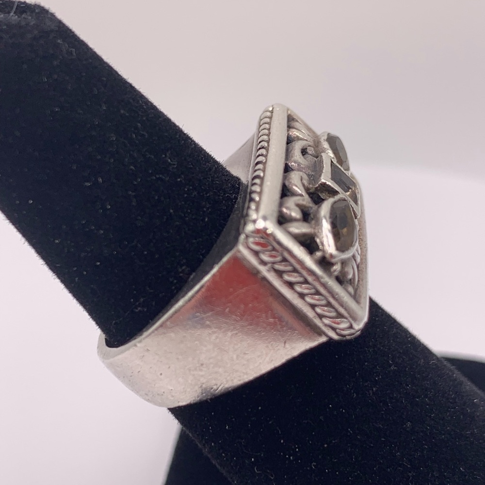 Vintage Sterling Silver Smokey Topaz & Citrine Engraved Rectangle Face Ring - Picture 3 of 12